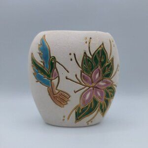 Hummingbird‎ Pottery Vase Small Flower Gold Glaze Signed Art Hummer USA Nix Fly